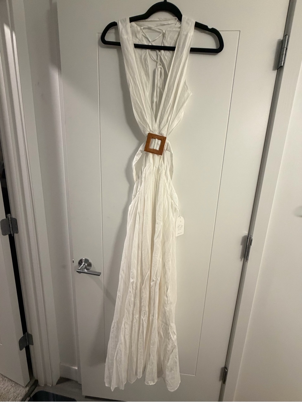 Hello Molly White Draped Fabric Wall Hanging with Tan Buckle